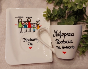 Filiżanka i talerzyk z ręcznie malowaną dekoracją dla Babci lub Dziadka (180 ml)