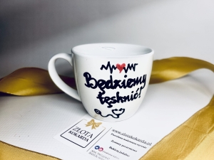 Kubek pożegnanie pracownika odejście z pracy będziemy tęsknić+stetoskop