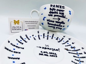 Filiżanka i talerzyk pożegnanie praca z imionami współpracowników 330 ml, 420 ml